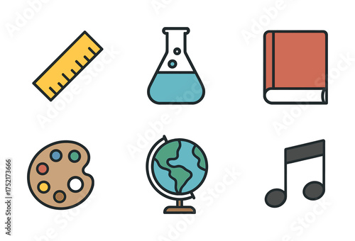 Vector Educational icons: ruler, flask, book, palette, globe, musical note