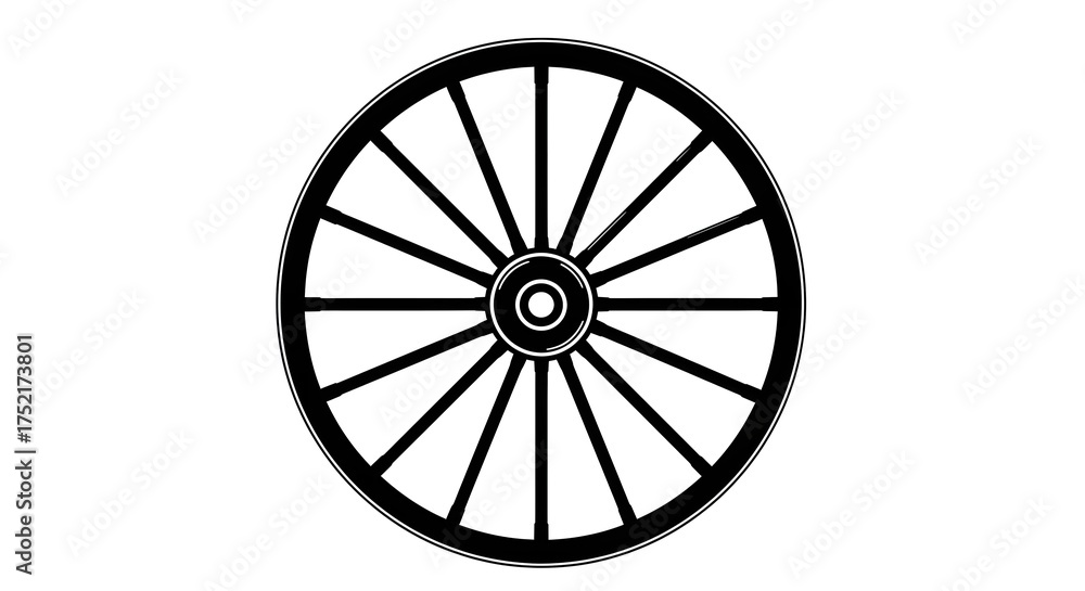 Fototapeta premium A stylized, black-and-white illustration of a wagon wheel centered on a white background