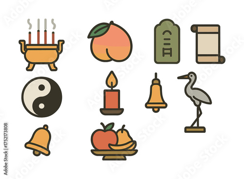 Vector Asian cultural symbols set: incense, yin yang, peach, crane, scroll, bell, candle, fruits