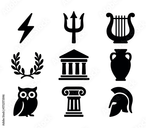 Vector Ancient greek symbols: lightning, trident, lyre, laurel, temple, vase, owl, column, helmet