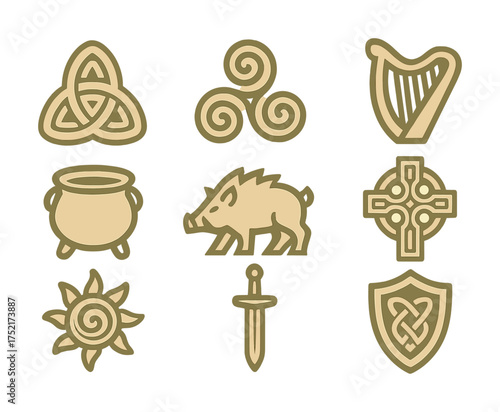 Vector Celtic symbols set: triquetra, triskele, harp, cauldron, boar, cross, sun, sword, shield