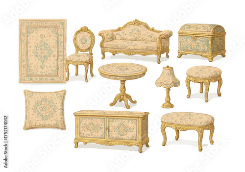 Vector Ornate vintage furniture set with floral patterns and gold accents