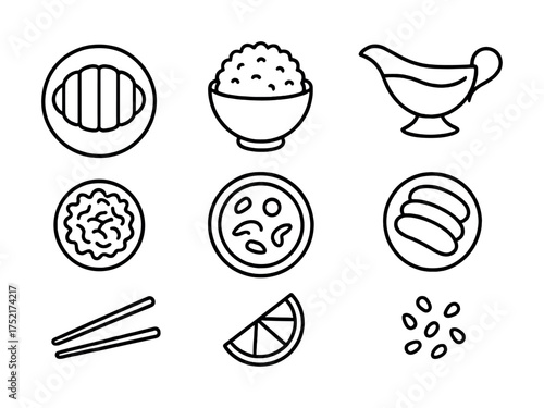Vector Minimalist food icons: bread, rice, sauce, noodles, soup, lemon, seeds, chopsticks