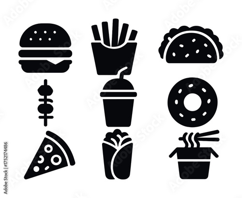 Vector Collection of fast food icons including burger, fries, taco, pizza, and noodles