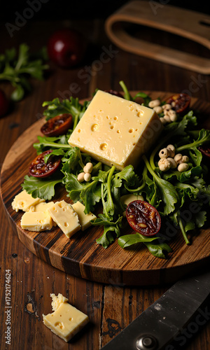 warm still life mixed greens earthy tones melted cheese textures atop rustic wooden