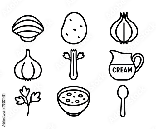Vector Monochrome icons of clam chowder ingredients: shellfish, vegetables, cream, herbs