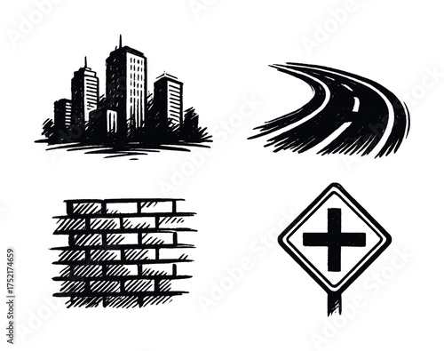 Vector Urban sketches: cityscape, road, brick wall, traffic sign art