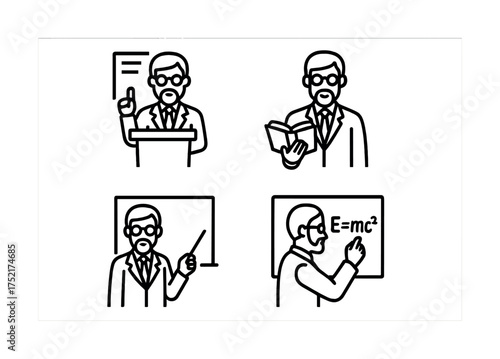 Vector Set of icons depicting male teacher in various teaching activities