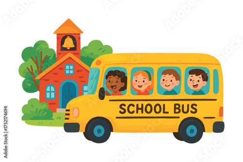 Vector Children riding yellow school bus near brick schoolhouse