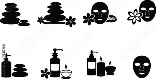 Spa icon set, wellness silhouette, facial mask, massage stones, skincare bottle, candle therapy, beauty treatment, aromatherapy graphic, relaxation symbol, self-care design