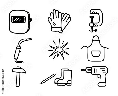 Vector Welding equipment icons: gloves, helmet, hammer, drill, apron, clamp, boots, pencil, spark