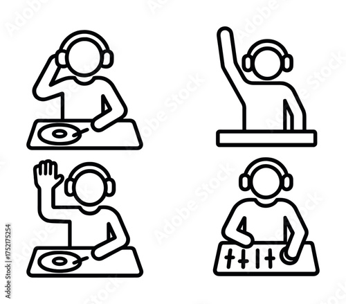 Vector Line art dj icons with headphones and turntables