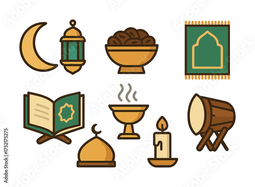 Vector Ramadan icons set featuring crescent, lantern, dates, prayer mat, quran, and drum