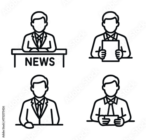 Vector Outline icons of news anchors at desks with microphones and papers