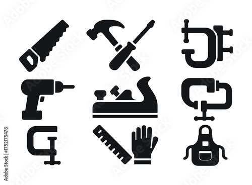 Vector Silhouette icons of carpentry tools including saw, hammer, drill, and c-clamp
