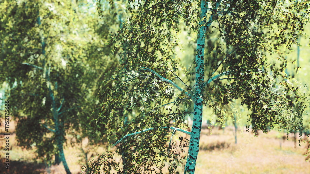 Fototapeta premium Sunlight filters through the vibrant leaves of towering trees, creating a serene atmosphere in the forest. The lush greenery invites exploration and appreciation of natures splendor.