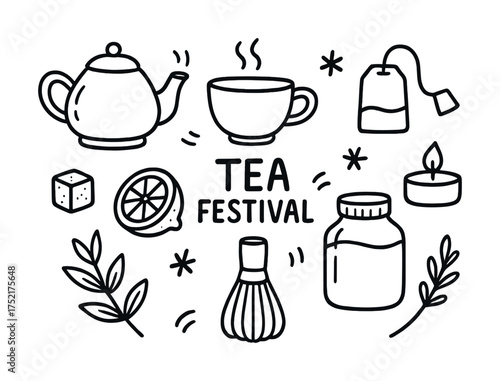 Vector Hand-drawn tea festival elements with teapot, cup, candle, and leaves