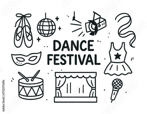 Vector Dance festival elements: ballet, disco, and stage drawn icons in black and white illustration