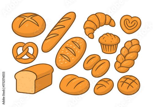 Vector Various types of bread and pastries: loaves, baguette, croissant, muffin, pretzel