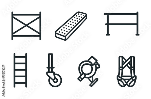 Vector Construction equipment icons set with ladder, scaffolding, and safety harnesses