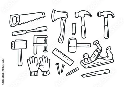 Vector Hand drawn woodworking tools set: saw, hammer, ax, plane, clamps, gloves, nails, ruler