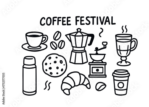 Vector Monochrome coffee festival icons featuring brews and pastries