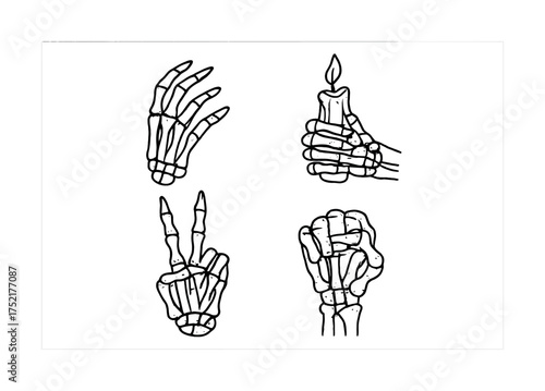 Vector Skeleton hands holding candle, peace, and making a fist in black and white illustration