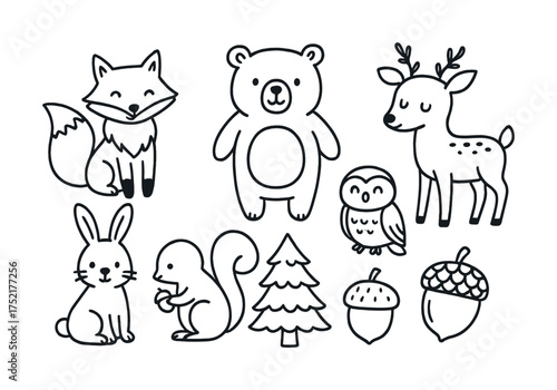 Vector Woodland animals: fox, bear, deer, owl, rabbit, squirrel, tree, acorns