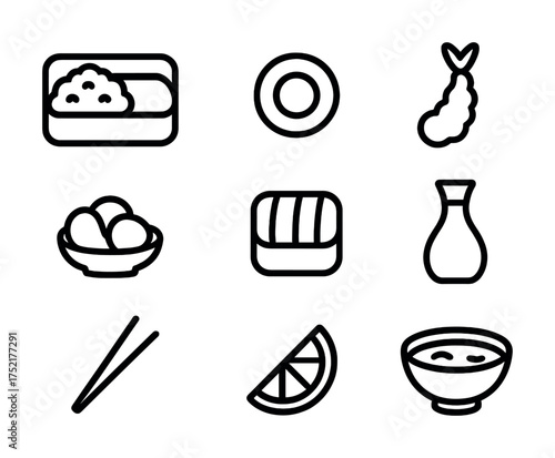 Vector Minimalist icon set featuring traditional japanese food and dining elements