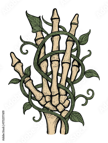 Vector Intricate skeleton hand entwined with verdant vines on white background