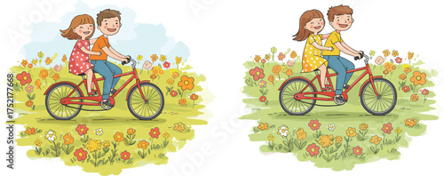  Tandem bicycle ride, happy children, flower field, spring adventure, cartoon illustration, joyful moment, outdoor fun, nature background, smiling kids, colorful scene.eps