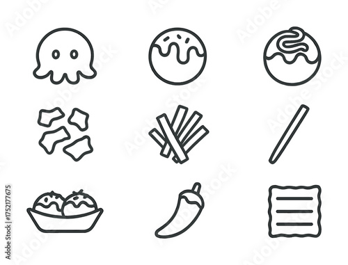 Vector Octopus ball icons: snack, sauce, chips, fries, pepper, doodle