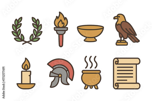 Vector Ancient greek icons: wreath, torch, chalice, eagle, candle, helmet, cauldron, scroll symbols