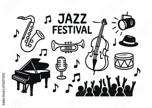 Vector Jazz festival illustration with musical instruments and audience