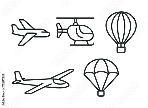 Vector Outline icons of airplane, helicopter, glider, hot air balloon, parachute
