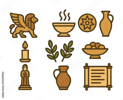 Vector Ancient symbols collection: mythical creatures, ceramics, scrolls, and olive branches