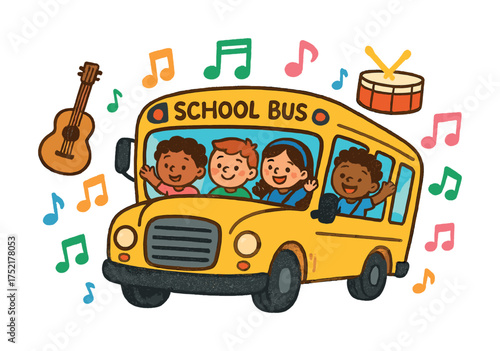 Vector Happy children enjoy singing on a musical school bus adventure