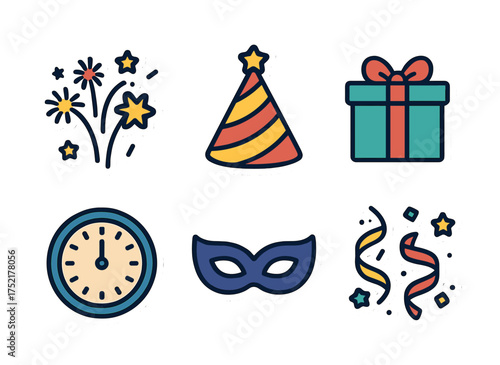 Vector Festive celebration icons: fireworks, party hat, gift, clock, mask, streamers