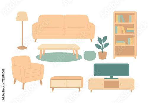 Vector Modern minimalist living room set with sofa, armchair, and tv stand