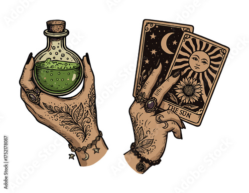 Vector Tattooed hands holding green potion and tarot cards with stars and sun