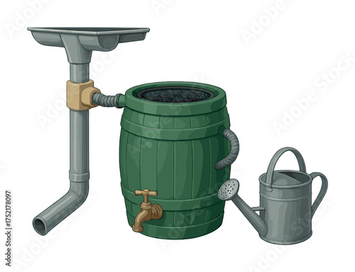 Vector Rainwater collection system with barrel and watering can on white background