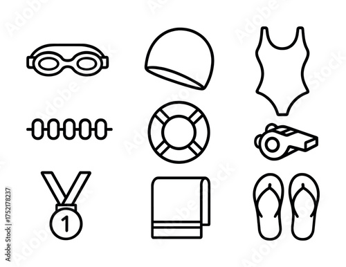 Vector Black and white icons of swimming gear and accessories on white background