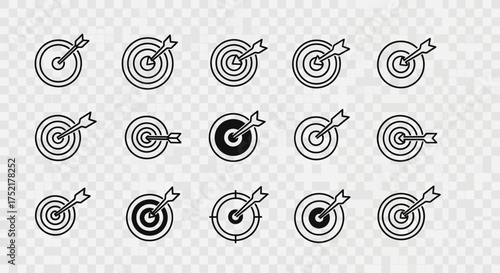 Collection of fifteen different target icons, each with an arrow hitting the center, depicted in a simple black outline style.