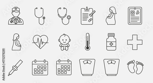Collection of outline icons depicting medical and pregnancy-related symbols, including a doctor, stethoscope, pregnant woman, and baby.