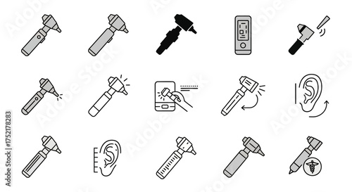 A collection of otolaryngology icons depicting otoscopes, ear examinations, and digital interaction with medical devices.