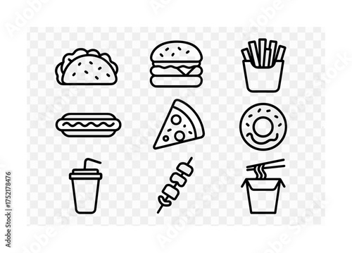 Vector Outline icons of fast food items including burger, pizza, and fries
