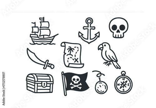 Vector Pirate adventure icons set with ship, treasure, and skull