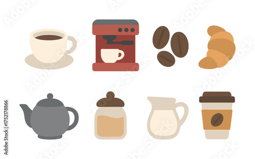 Vector Coffee essentials: cups, beans, machine, teapot, croissant, creamer, sugar