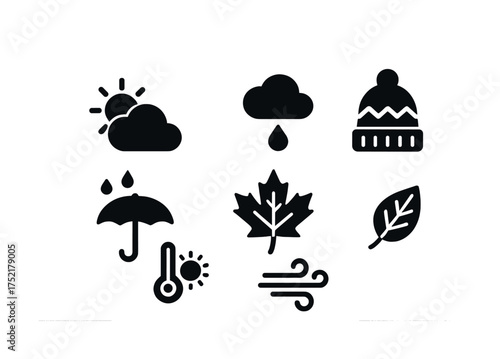 Vector Weather icons: sun cloud rain umbrella leaf wind snow temperature