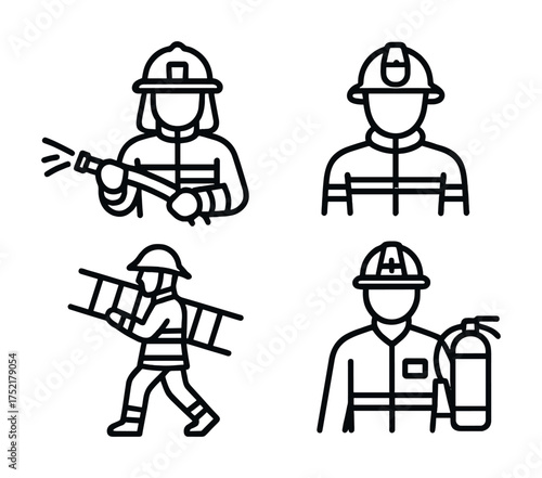 Vector Line art illustrations of firefighter actions and equipment icons